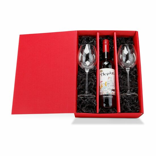 Das Set enthält eine Flasche Tapaz Tempranillo (0,75 l) und zwei passende Gläser in einem roten Geschenkkarton präsentiert.