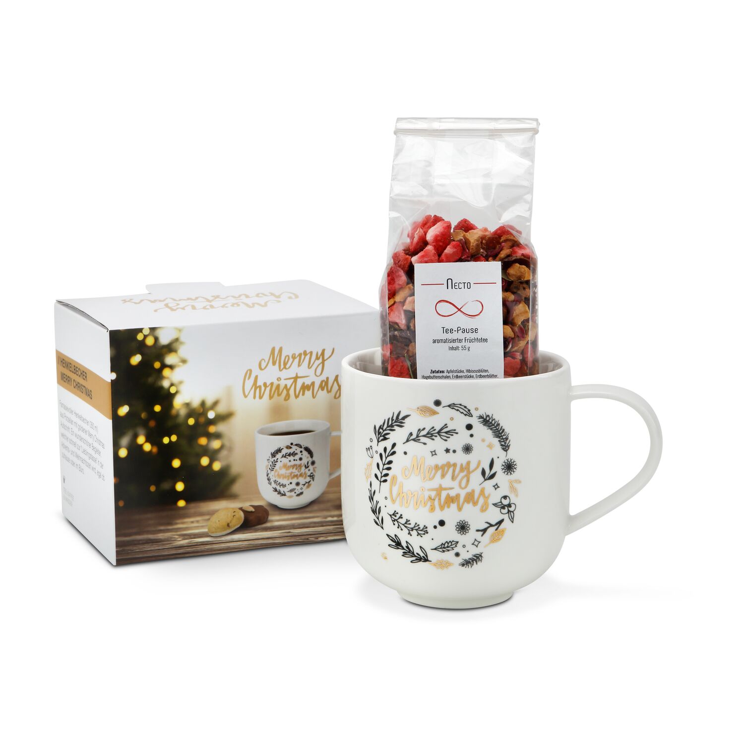 Eine Packung aromatischer Früchtetee (50 g) verpackt im ROMINOX® Henkelbecher Merry Christmas (350 ml) aus hochwertigem Porzellan.