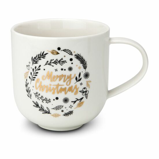 Eine Packung aromatischer Früchtetee (50 g) verpackt im ROMINOX® Henkelbecher Merry Christmas (350 ml) aus hochwertigem Porzellan.