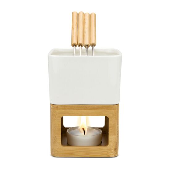 ROMINOX® Schokoladenfondue Dolce, dazu Schokodrops und leckere Mini-Butterkekse - verpackt im großen grauen Jutesack.