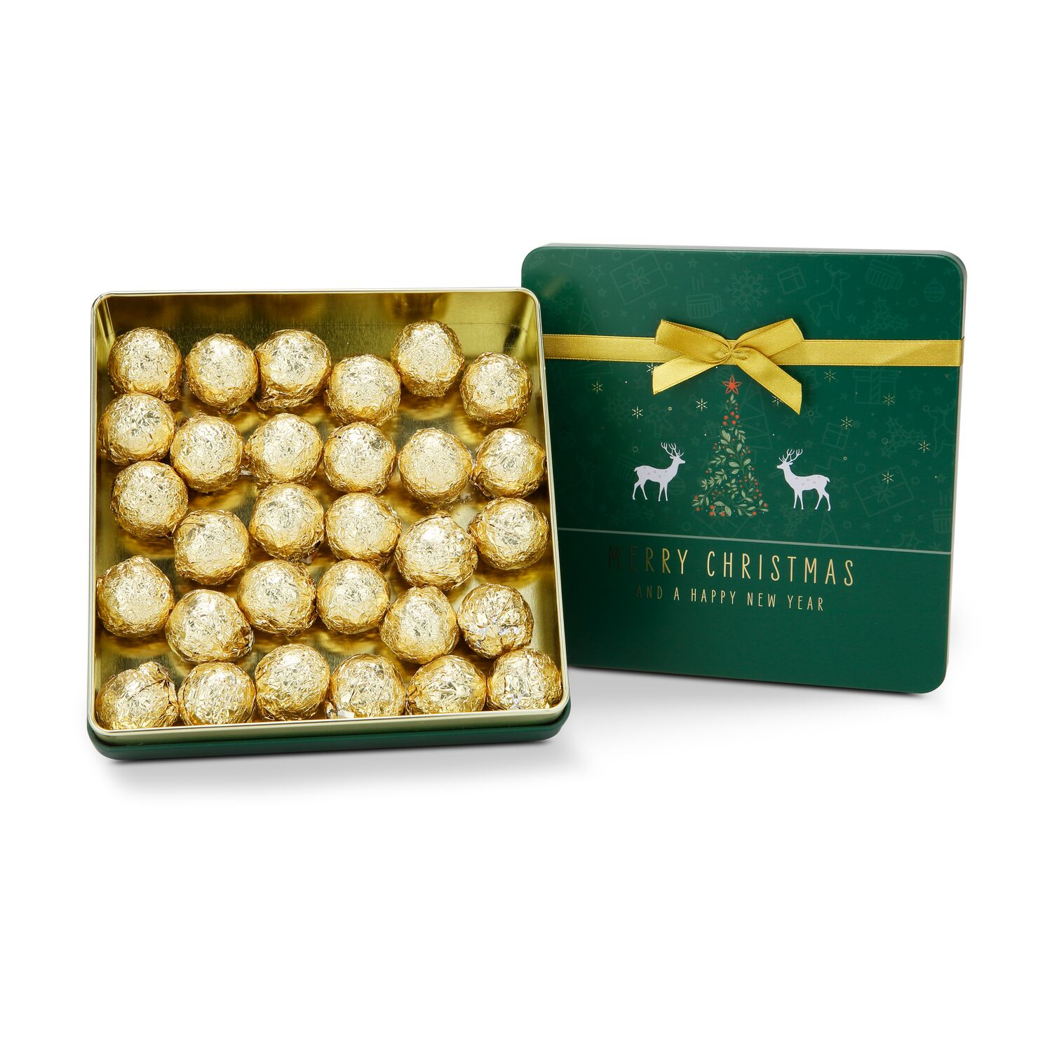 Sie erhalten 30 Confiserie Marc de Champagne Trüffel (ca. 375 g) in einer Metalldose mit weihnachtlichen Motiv und einer Goldschleife.