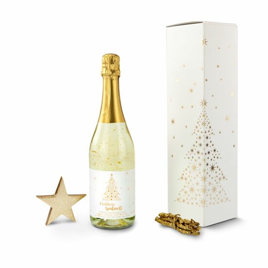 Sorgen Sie für prickelnde Momente mit unserer Flasche Golden Flakes verpackt in weißer Kartonage mit weihnachtlicher Goldfolienprägung.