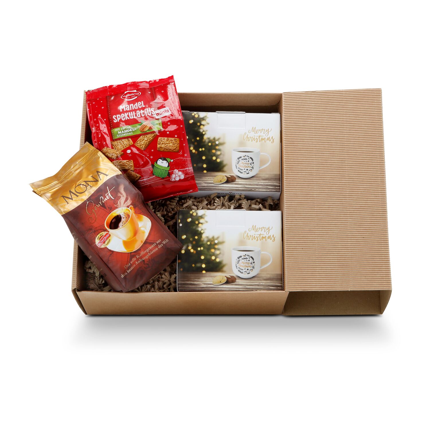 Zwei ROMINOX® Henkelbecher, Gourmet Kaffee und eine Packung Mini-Plätzchen verpackt in einem naturfarbenen Geschenkkarton.