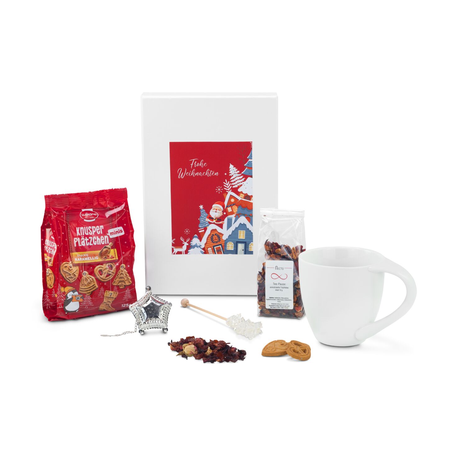 In der weißen Geschenkbox liegen 1 Tasse, 1 Früchtetee, 1 Kandisstick, 1 silbernes Teesieb und Knusperplätzchen