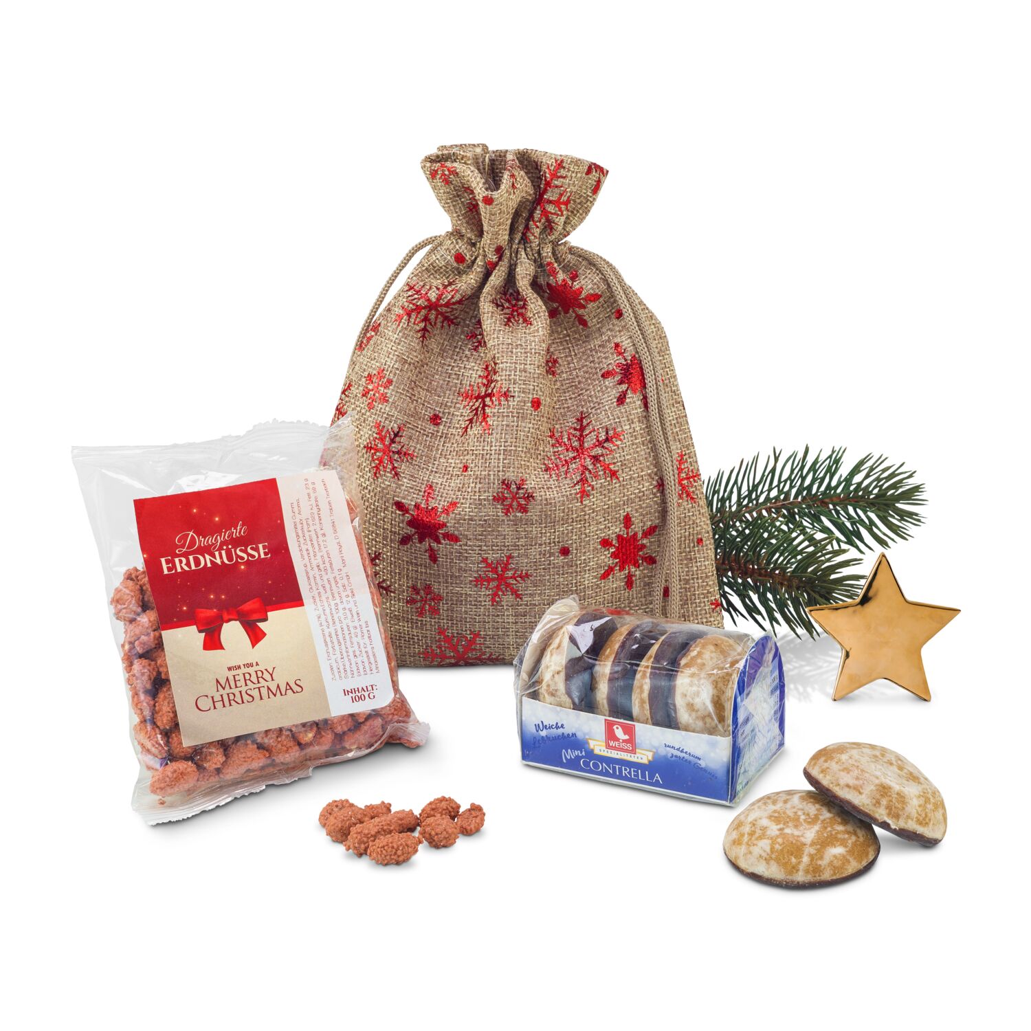 Ein Mini-Weihnachtsmarkt für zu Hause: 50 g glasierte Mini Lebkuchen und 100 g dragierte Erdnüsse im Jutesack mit Schneeflocken-Aufdruck.