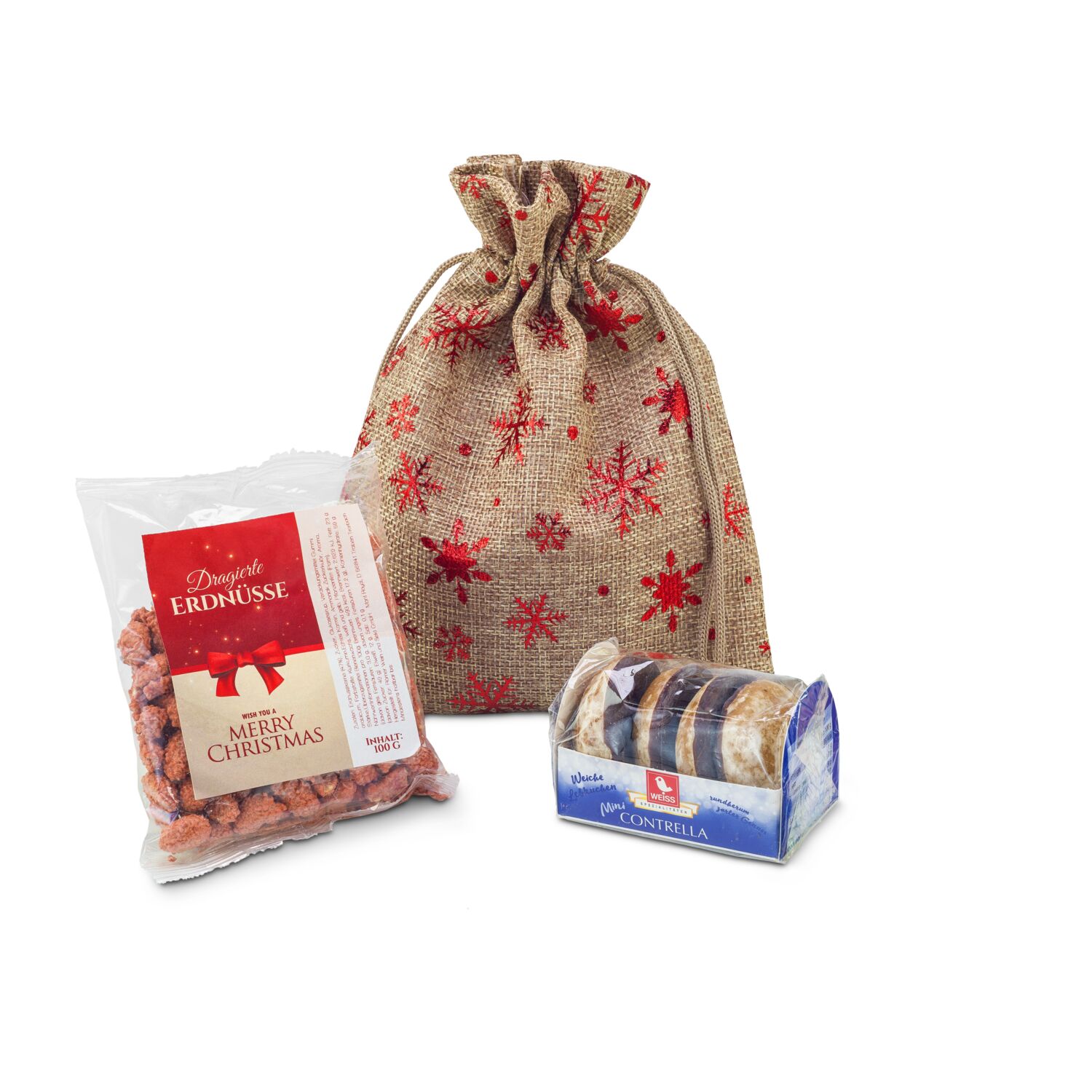 Ein Mini-Weihnachtsmarkt für zu Hause: 50 g glasierte Mini Lebkuchen und 100 g dragierte Erdnüsse im Jutesack mit Schneeflocken-Aufdruck.