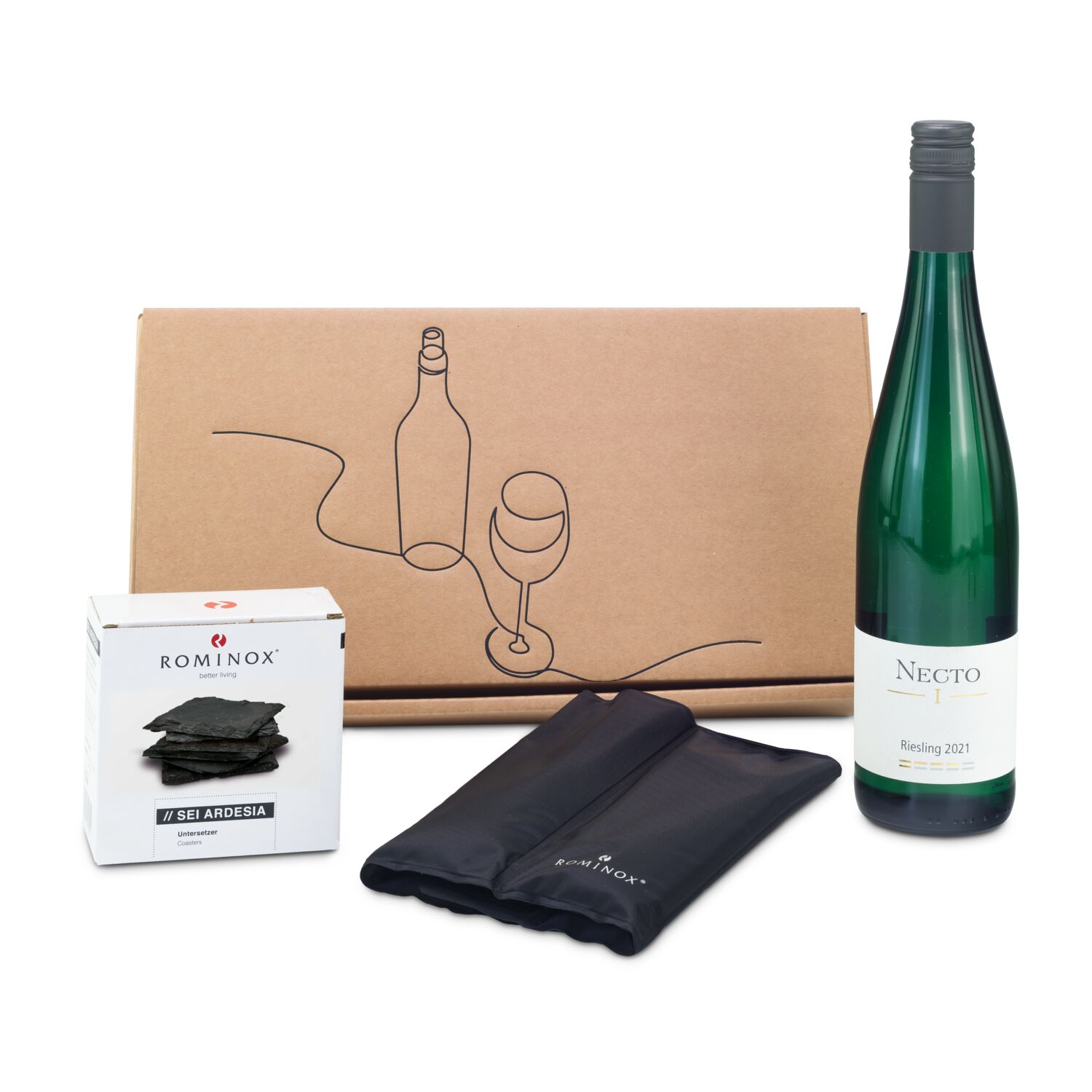 Ein Flasche Rieslingwein (0,75 l), ROMINOX® Kühlmanschette und 6 ROMINOX® Schieferuntersetzer verpackt in einer naturfarbenen Geschenkbox.