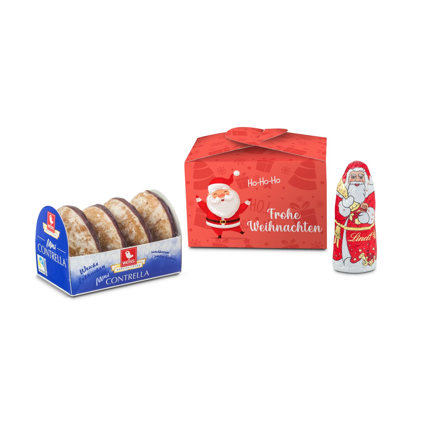 Ein glasierter Mini Lebkuchen (50 g) und Lindt Mini Nikolaus (10 g) verpackt in einer roten Schleifenverpackung mit "Frohe Weihnachten".