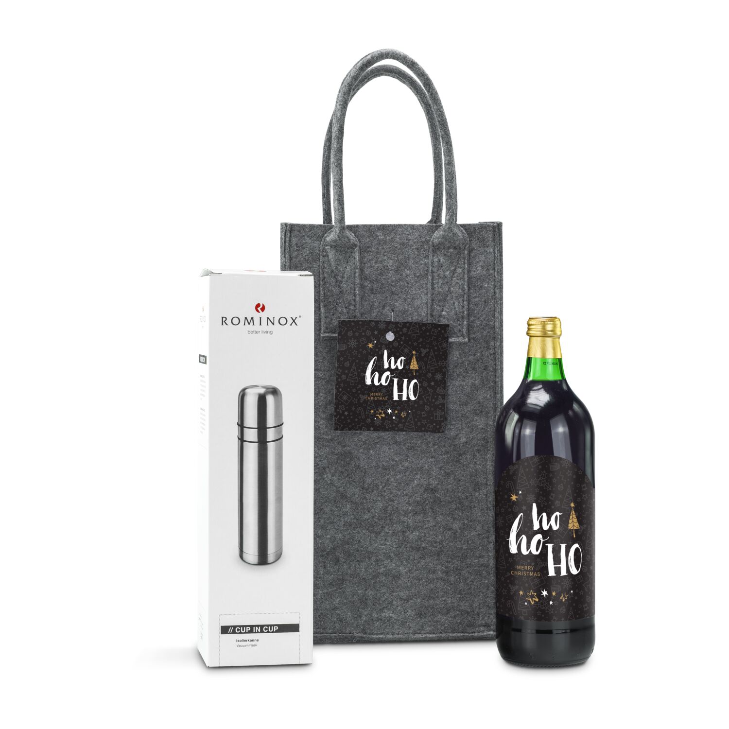 Ein leckerer Glühpunsch (1 l, alkoholfrei) und eine praktische ROMINOX® Isolierkanne verpackt in einer ROMINOX® Filztasche mit Henkeln.