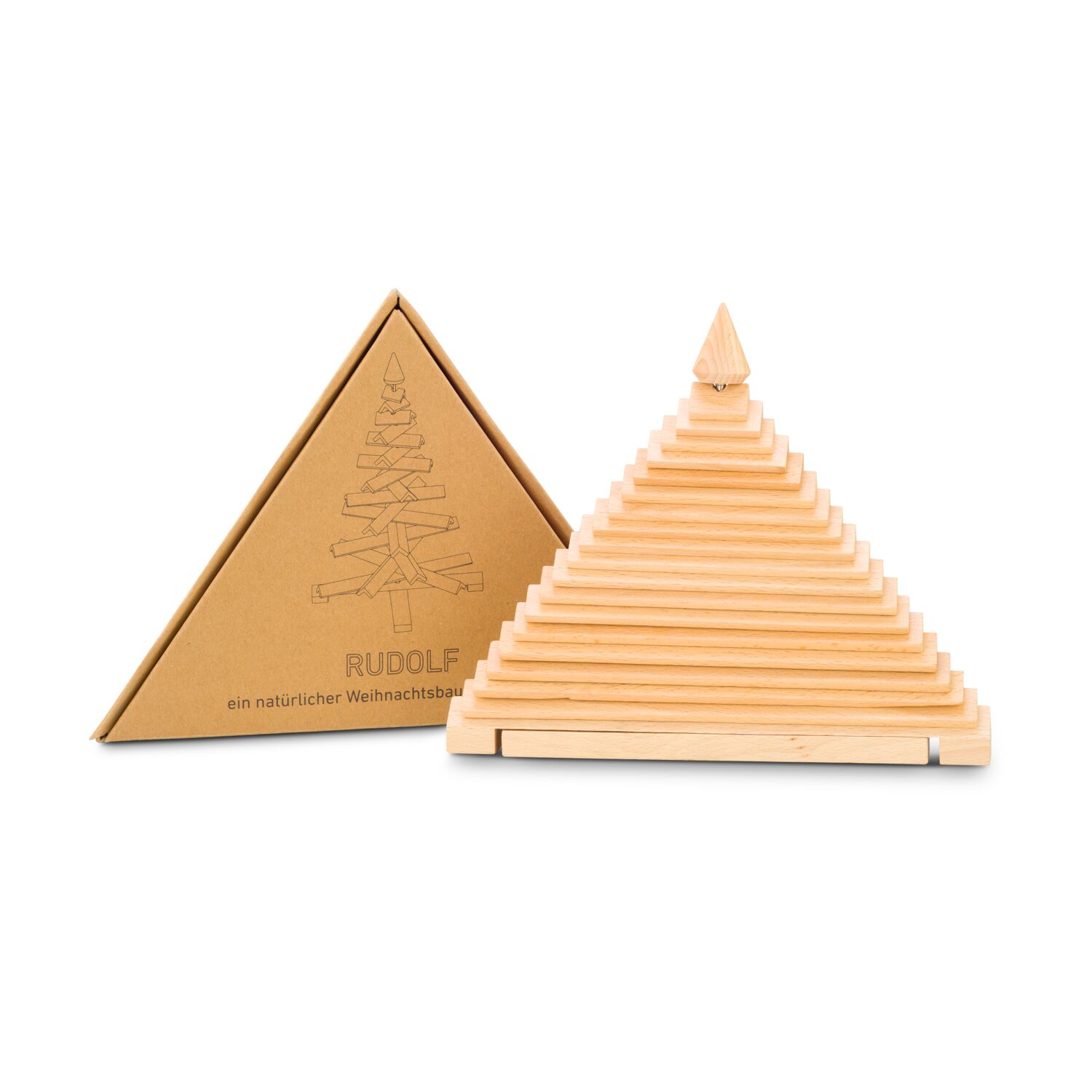 Ein Weihnachtsbaum aus Holz sowie eine Flasche Cabernet Sauvignon und eine Duftkerze „Sparkling Gold“ verpackt in einem naturfarbenen Weihnachtskarton.