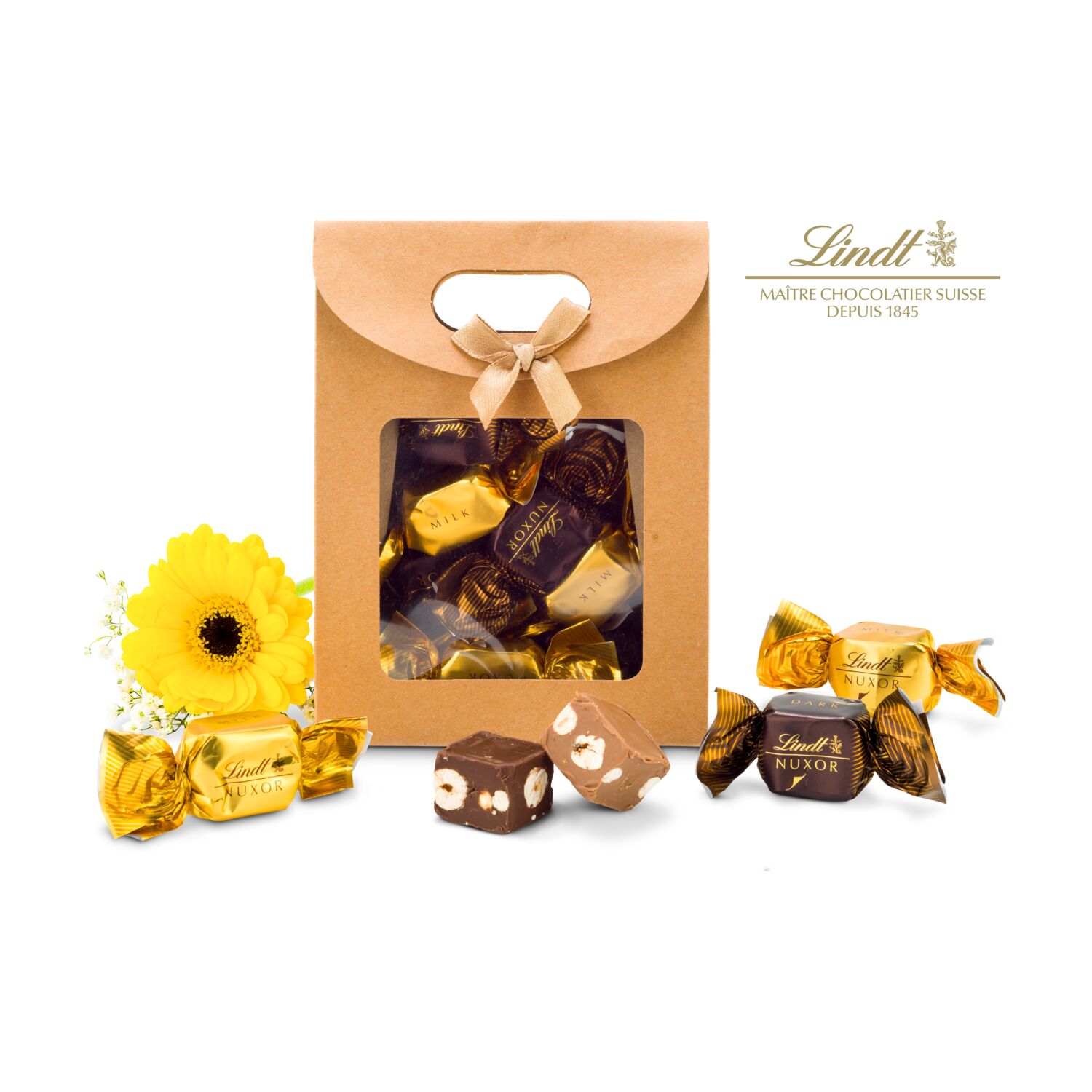 Jeweils 4 Lindt-Nuxor-Pralinen (Feinherbe und Vollmilch Schokolade) verpackt in einer naturfarbenen Verpackung mit Schleife.