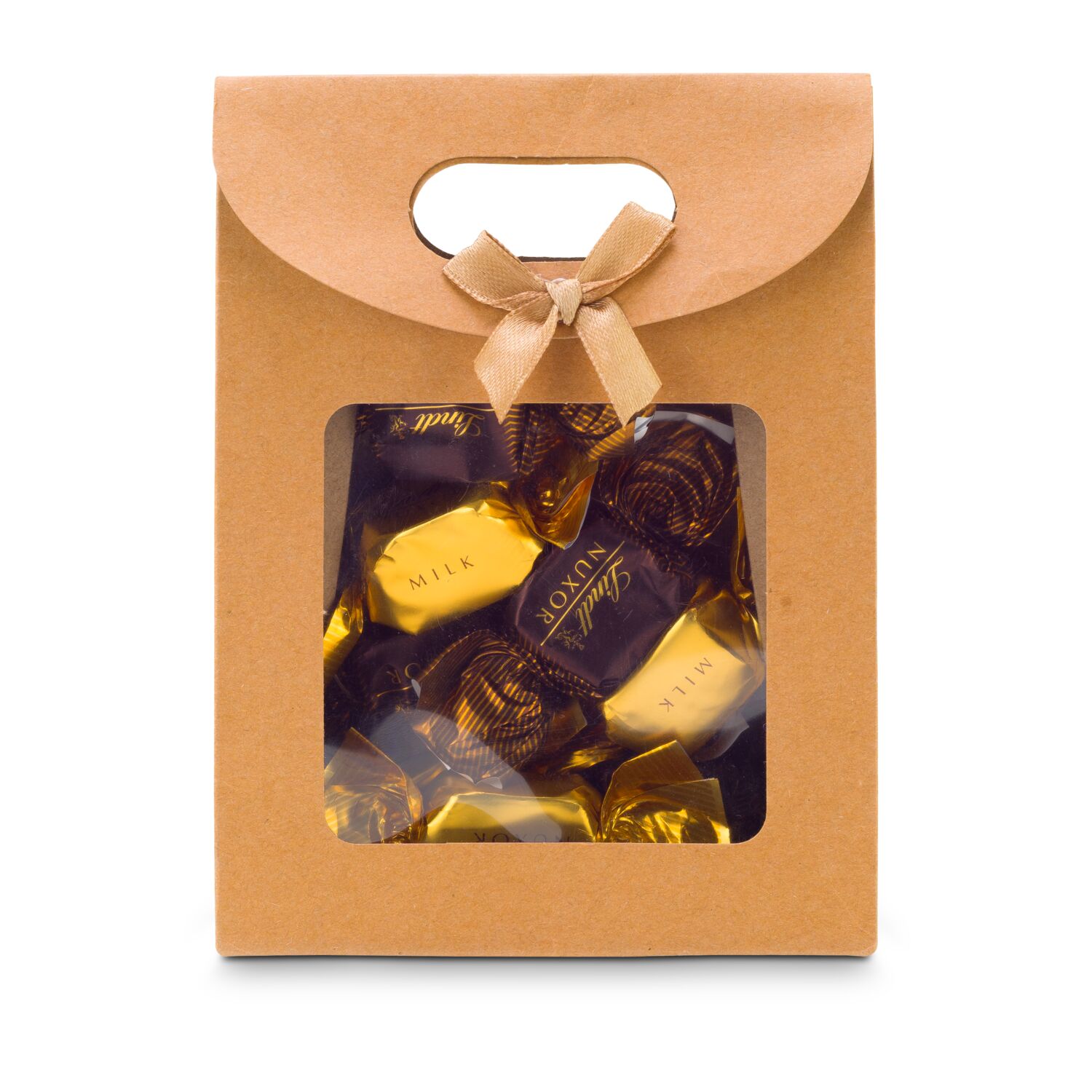 Jeweils 4 Lindt-Nuxor-Pralinen (Feinherbe und Vollmilch Schokolade) verpackt in einer naturfarbenen Verpackung mit Schleife.