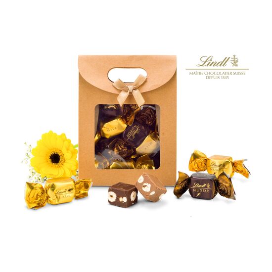 Jeweils 4 Lindt-Nuxor-Pralinen (Feinherbe und Vollmilch Schokolade) verpackt in einer naturfarbenen Verpackung mit Schleife.