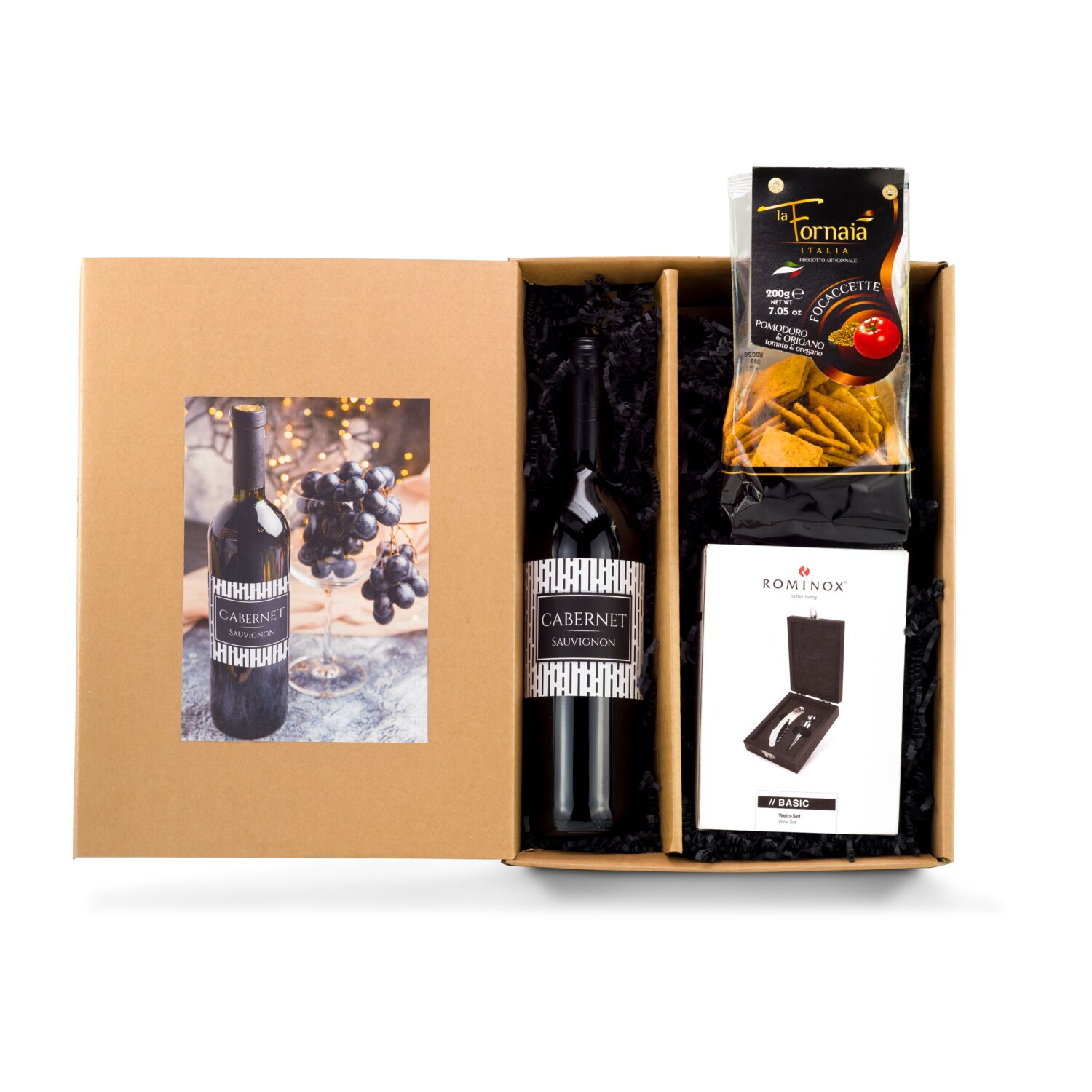 In der hochwertigen, naturfarbenen Geschenkbox erhalten Sie einen Cabernet Sauvignon, ein Weinaccessoire Set sowie Foccacette-Kräcker.