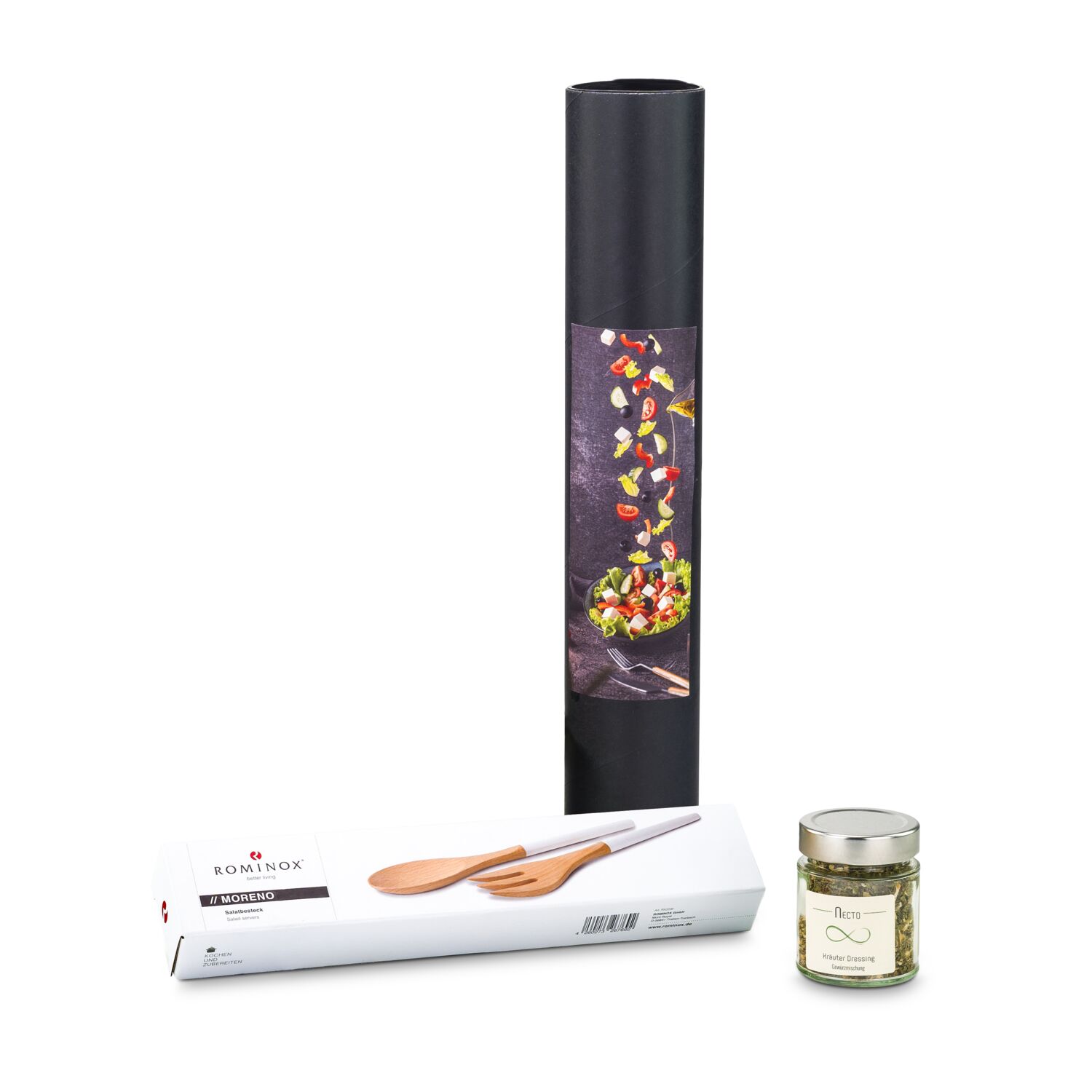 Hier bekommen Sie das ROMINOX® Salatbesteck Moreno und eine Kräuter-Dressing-Mischung in einer schwarzen Geschenkröhre mit Aufkleber.