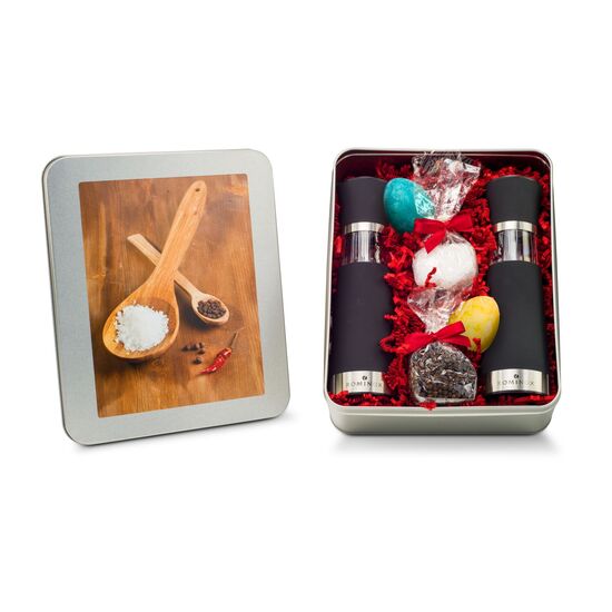 2 elektrische ROMINOX® Mühlen, je ein Tütchen Meersalz und Pfeffer, 2 Ostereier, in Silberdose