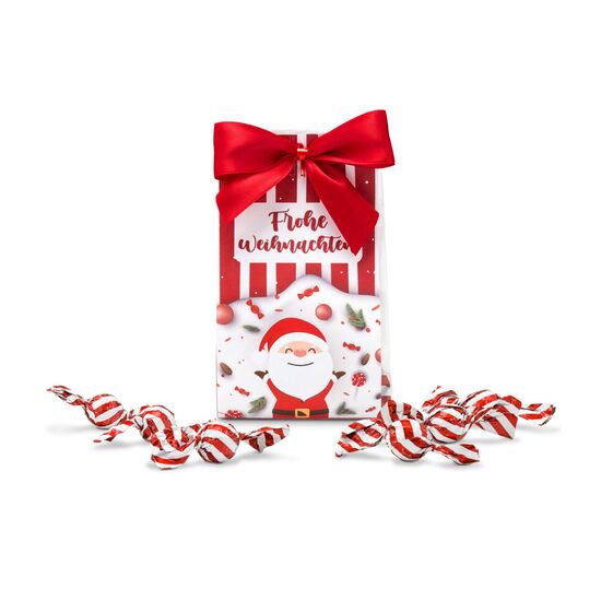 In dieser süßen Geschenktüte finden Sie 6 leckere Confiserie Nougatpralinen gewickelt in weiß-rot-gestreiftem Bonbonpapier.