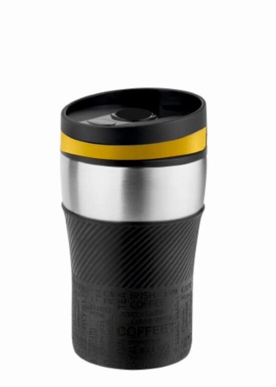 Metmaxx® Thermobecher "CremaOfficina"  silber/Manschette schwarz/Ring gelb