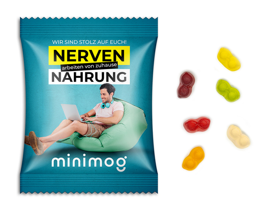 Fruchtgummi Standardformen, ca. 70 x 90 mm, 15 g, Standard-Folie weiß - Brille