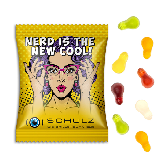 Fruchtgummi Standardformen, ca. 60 x 90 mm, 10 g, Standard-Folie transparent - Glühbirne