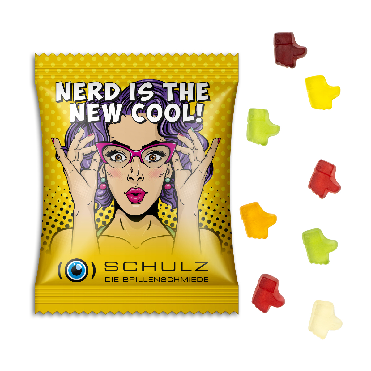 Fruchtgummi Standardformen, ca. 70 x 90 mm, 15 g, Standard-Folie transparent - Daumen hoch