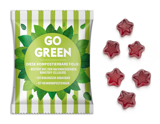 Fruchtgummi Standardformen, ca. 70 x 90 mm, 15 g, Papier/PE-Verbundfolie weiß - Stern
