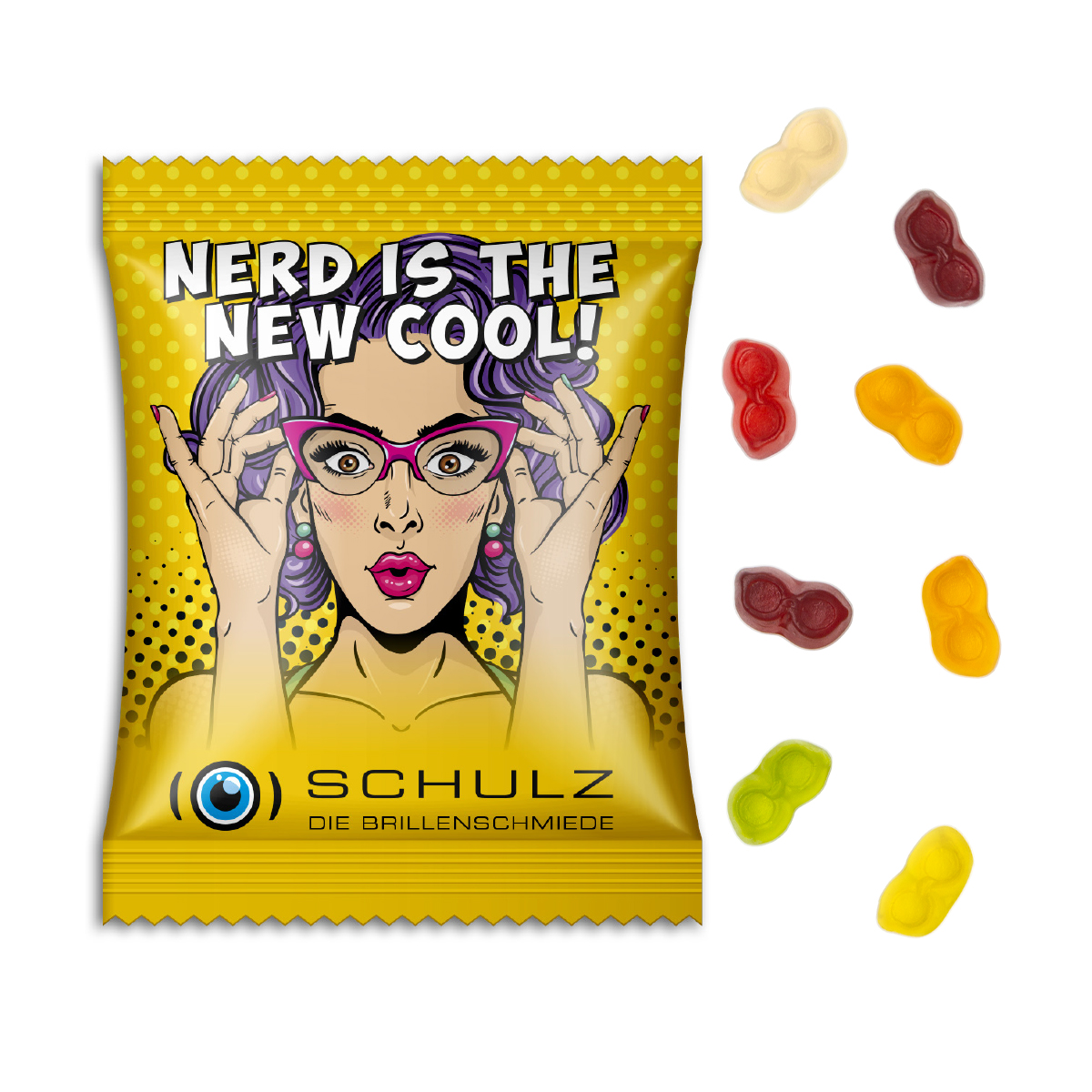 Mini Tetraeder Fruchtgummi, ca. 75 x 60 mm, 10 g, Standard-Folie transparent - Brille