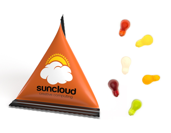 Mini Tetraeder Fruchtgummi, ca. 75 x 60 mm, 10 g, Standard-Folie weiß - Glühbirne