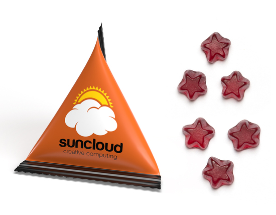 Mini Tetraeder Fruchtgummi, ca. 75 x 60 mm, 10 g, Standard-Folie weiß - Stern