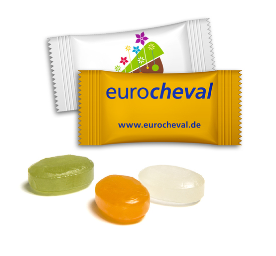 Bonbons im Flowpack, ca. 54 x 24 mm, 3 g, Standard-Folie transparent - Pfefferminz