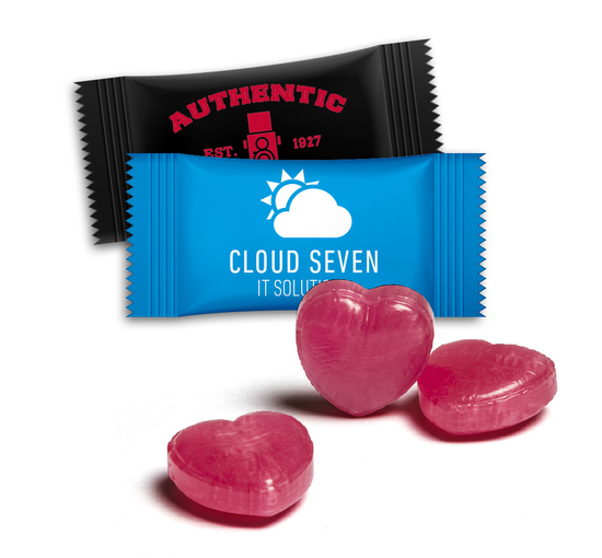 Herzbonbons im Flowpack, ca. 54 x 28 mm, 3 g, Standard-Folie transparent - Himbeerbonbon