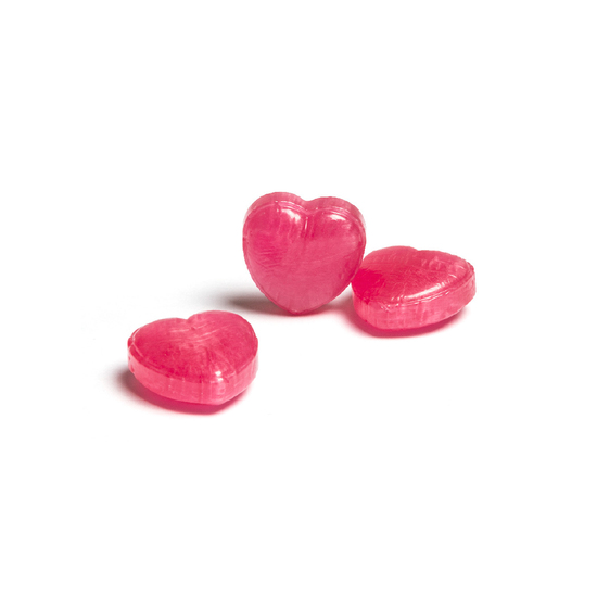 Herzbonbons im Flowpack, ca. 54 x 28 mm, 3 g, Standard-Folie transparent - Himbeerbonbon