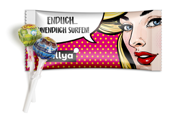 Mini Chupa Chups im Flowpack, ca. 135 x 60 mm, 6 g, Standard-Folie transparent - Gemischt