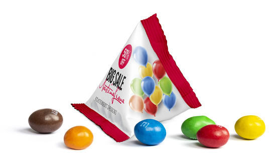 M&M's Peanuts im Mini Tetraeder, ca. 75 x 60 mm, 10 g, Standard-Folie weiß -