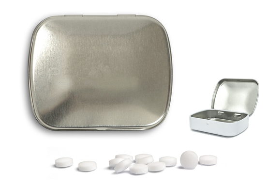 Mini Nostalgiedose, ca. 59 x 46 x 18,5 mm, 20 g, blank - zuckerhaltige Pfefferminztabletten