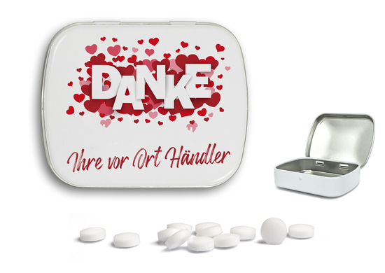 Mini Nostalgiedose, ca. 59 x 46 x 18,5 mm, 20 g, weiß - zuckerhaltige Pfefferminztabletten