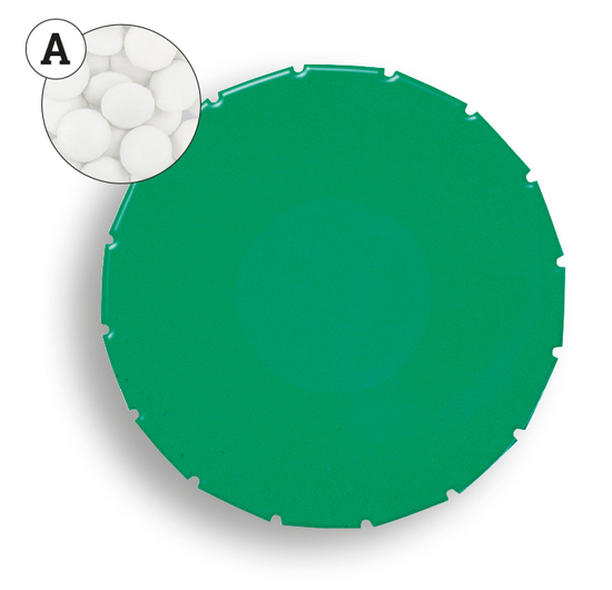 Super Mini Clic Clac Box, ca. 45 mm Durchmesser, Höhe 15 mm, 12 g, PMS Green C - Pfefferminztabletten weiß