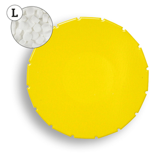 Super Mini Clic Clac Box, ca. 45 mm Durchmesser, Höhe 15 mm, 12 g, PMS Yellow C - Pfefferminzpastillen stark