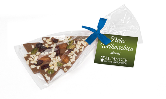 Schoko Christmas Tree, ca. 200 x 90 mm, 30 g, Blaue Schleife - Vollmilchschokolade (Topping Nüsse)