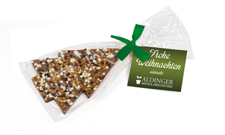 Schoko Christmas Tree, ca. 200 x 90 mm, 30 g, Grüne Schleife - Vollmilchschokolade (Topping Knusperkugeln)