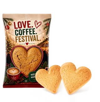 Herz Kaffeekeks im Werbetütchen, ca. 45 x 90 mm, 6,8 g, Standard-Folie weiß -