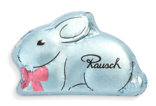 "Rausch Plantagen" Schokoladen-Figuren in Klappkarte klein, ca. 65 x 65 x 12 mm, 10 g,  - Sitzhase