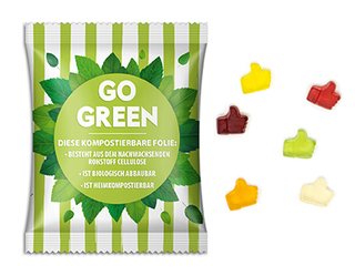 Fruchtgummi Standardformen 10 g Daumen hoch transparente kompostierbare Folie