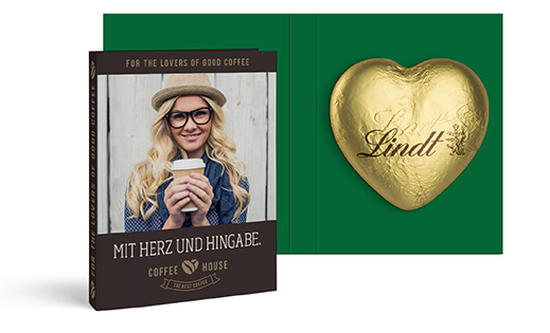 Werbekarte mit Lindt Schokoladen Herz 20 g 24,4 g  gold
