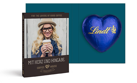 Werbekarte mit Lindt Schokoladen Herz 20 g 24,4 g  blau