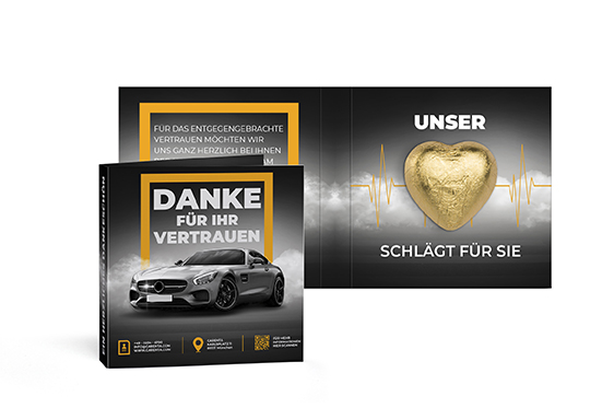Werbekarte mit Lindt Schokoladen Herzl 5 g 7,5 g  gold