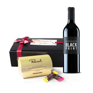 Geschenkset "Goldrausch" 214 g  Braun 32 "Rausch Plantagen" Minis & Kaitui  0,75l Wein