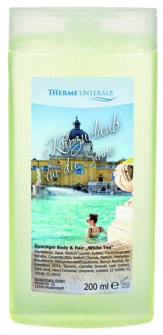 200 ml Flasche mit Duschgel Body & Hair "White Tea"