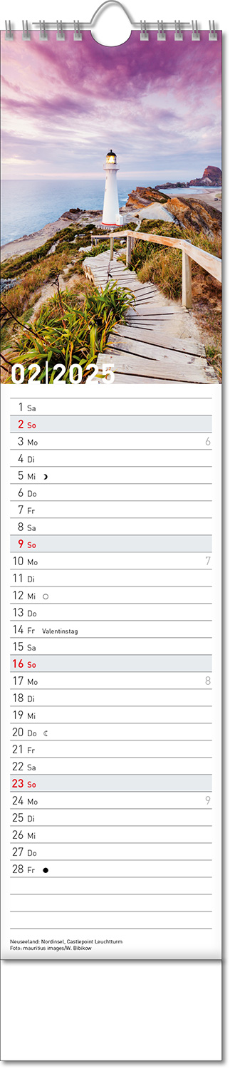 Kalender "Reiseziele" im Format 11 x 51 cm, mit Wire-O-Bindung und verlängerter Rückwand