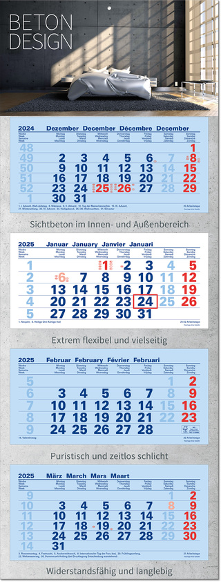 4-Monatsplaner "Junior-4" mit deutsch-mehrsprachigem Kalendarium im Format 33 x 87,5 cm, blau